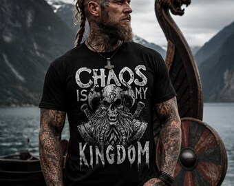 Chaos Is My Kingdom Viking Skull T-Shirt | Norse Warrior Graphic Tee | Gothic Viking Shirt | Heavy Metal Skull Tee