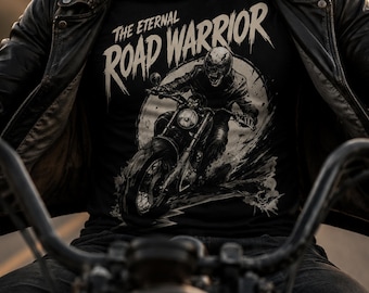 The Eternal Road Warrior Skeleton Motorcycle T-Shirt | Gothic Biker Tee | Skull Rider Graphic Shirt