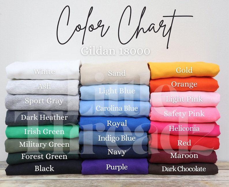 A color chart displays a variety of crewneck sweatshirt options, including gray, white, sand, black, red, blue, and more. Each color is shown offering a range of vibrant and neutral tones to choose from for your perfect sweatshirt.