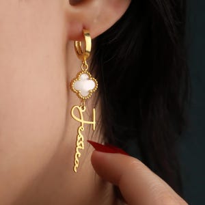 Gold Personalized Name Earrings: Mother of Pearl Clover, Lucky Charm
