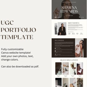 Może przedstawiać: Cyfrowy szablon portfolio UGC z tekstem "UGC PORTFOLIO TEMPLATE". Szablon jest w pełni konfigurowalny i można go pobrać jako plik PDF. Szablon zawiera zdjęcia, tekst i opcje kolor&oacute;w.