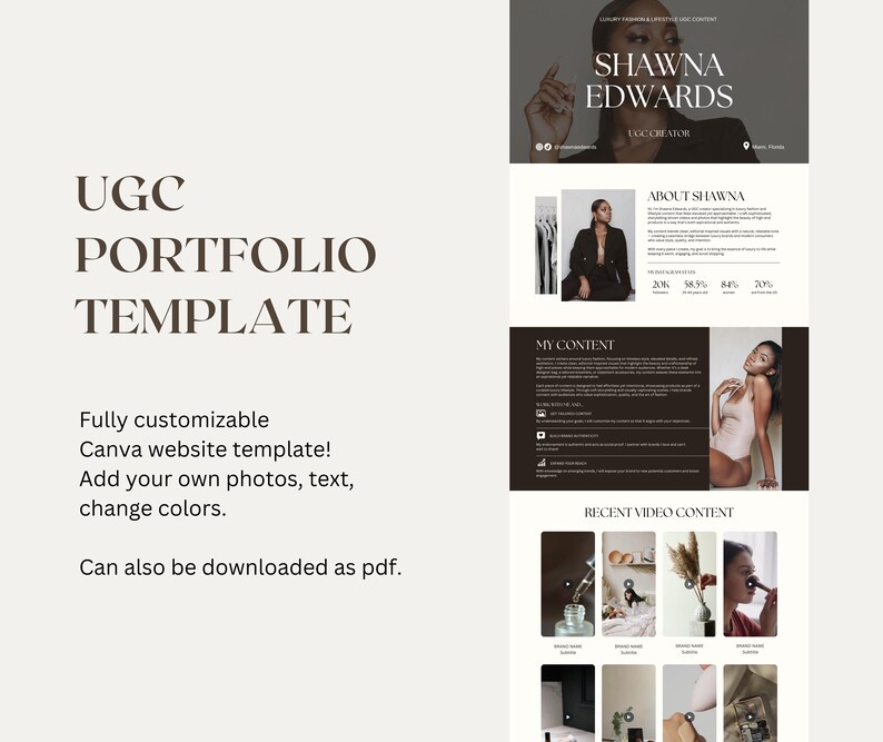 Może przedstawiać: Cyfrowy szablon portfolio UGC z tekstem "UGC PORTFOLIO TEMPLATE". Szablon jest w pełni konfigurowalny i można go pobrać jako plik PDF. Szablon zawiera zdjęcia, tekst i opcje kolor&oacute;w.