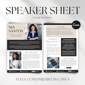 Może przedstawiać: Dwustronicowy szablon arkusza prelegenta z tekstem "SPEAKER SHEET" u góry. Szablon zawiera sekcje na imię prelegenta, zdjęcie, kluczowe tematy, referencje i dane kontaktowe. Szablon jest w pełni konfigurowalny w Canva.