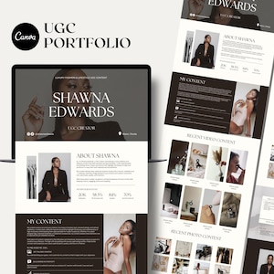 Puede incluir: Un portafolio digital que se muestra en la pantalla de una computadora portátil, que presenta a Shawna Edwards, una creadora de UGC. El portafolio presenta secciones como "Acerca de Shawna", "Mi contenido" y ejemplos de contenido de video y fotos. El logotipo de Canva es visible.