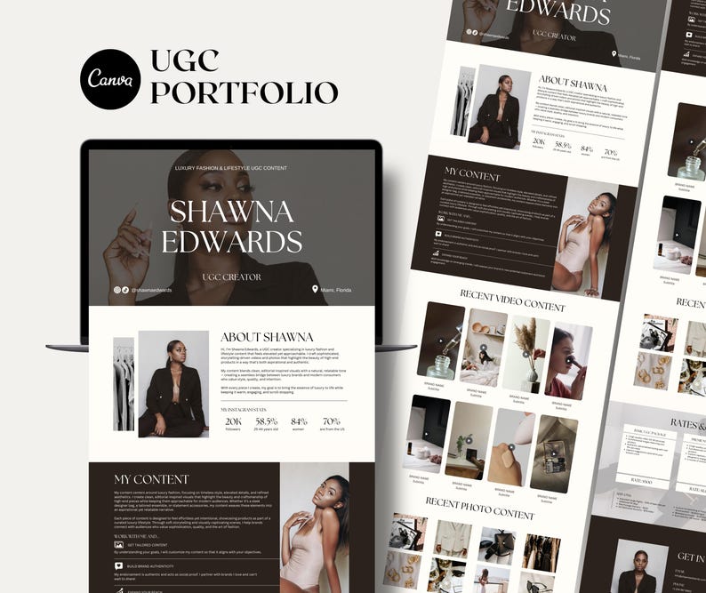 Może przedstawiać: Cyfrowe portfolio wyświetlane na ekranie laptopa, prezentujące Shawna Edwards, tw&oacute;rczynię UGC. Portfolio zawiera sekcje takie jak "O Shawnie", "Moje treści" oraz przykłady treści wideo i zdjęć. Widoczne jest logo Canva.