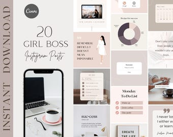 20 Girl Boss Instagram Templates, Entrepreneur Instagram Feed, Instagram Templates for Business Coach, Female Boss Social Media Design