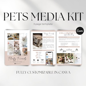 May include: A three-page media kit template for pet influencers, featuring a pink and white color scheme. The cover page features a collage of photos of cats. The second page includes information about the influencer's audience demographics and engagement rates. The third page highlights collaboration opportunities with brands.