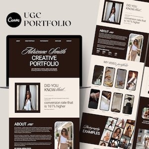 Puede incluir: Un diseño de portafolio digital con una computadora portátil y varias maquetas de teléfonos móviles. El portafolio muestra el nombre "Adrienne Smith" y el texto "Creative Portfolio". El diseño incluye el logotipo de Canva y el texto "UGC Portfolio".