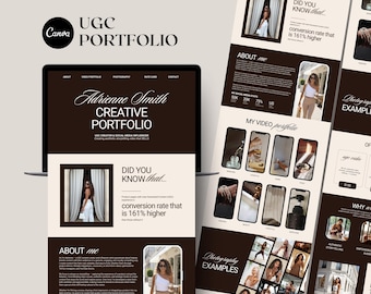 Modèle de site Web Portfolio UGC Canva, kit média de créateur de contenu brun élégant, portfolio d'influenceurs modifiables et page de destination