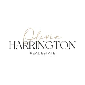 May include: A minimalist logo design featuring the name "Olivia Harrington" in a cursive gold font above the bold, dark grey text "HARRINGTON". Below, the text "REAL ESTATE" is in a smaller, dark grey font.