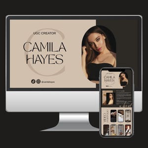 May include: A computer monitor and smartphone displaying a digital portfolio. The monitor shows "UGC CREATOR CAMILA HAYES" in a stylish font, with social media icons. The smartphone mirrors the portfolio, showcasing video and photo examples.