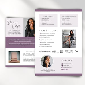 May include: A promotional flyer featuring Shanice Carter, an entrepreneur, author, and keynote speaker. The flyer includes her photo, speaking topics, core values, and services offered. The design incorporates a purple and white color scheme with logos from Black Enterprise, Business Insider, and CNN.