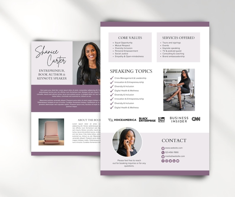 May include: A promotional flyer featuring Shanice Carter, an entrepreneur, author, and keynote speaker. The flyer includes her photo, speaking topics, core values, and services offered. The design incorporates a purple and white color scheme with logos from Black Enterprise, Business Insider, and CNN.
