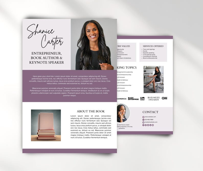 May include: A promotional flyer featuring Shanice Carter, an entrepreneur, author, and keynote speaker. The design includes a headshot of Carter, text, and images. The color scheme is primarily white, purple, and black.
