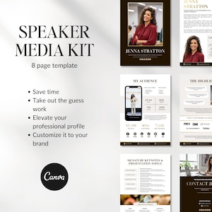 May include: A Speaker Media Kit template with an 8-page design. The kit includes a photo of Jenna Stratton, a Canva logo, and bullet points: Save time, Take out the guess work, Elevate your professional profile, and Customize it to your brand.