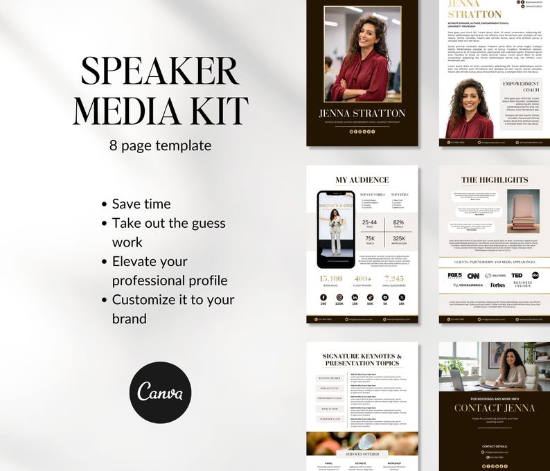 May include: A Speaker Media Kit template with an 8-page design. The kit includes a photo of Jenna Stratton, a Canva logo, and bullet points: Save time, Take out the guess work, Elevate your professional profile, and Customize it to your brand.