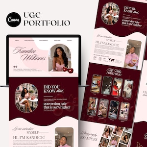 Pode incluir: Um modelo de portfólio UGC digital exibido em uma tela de laptop e páginas impressas, com um esquema de cores bordô e rosa claro, texto incluindo Kandice Williams e vários quadros de fotos exibindo conteúdo criativo e estatísticas.