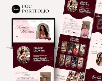 Szablon portfolio UGC Canva, bordowo-wiśniowo-czerwona strona internetowa w kolorze różowym, zestaw materiałów medialnych dla influencerów, portfolio twórców treści, prezentacja marki