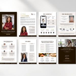 May include: A collection of eight marketing materials with a dark brown and beige color scheme. The materials include text and images of a woman, with the name "Jenna Stratton" prominently displayed. The materials include the text "Empowerment Coach", "My Audience", "The Highlights", "Testimonials", "Awards", and "Signature Keynotes & Presentation Topics".