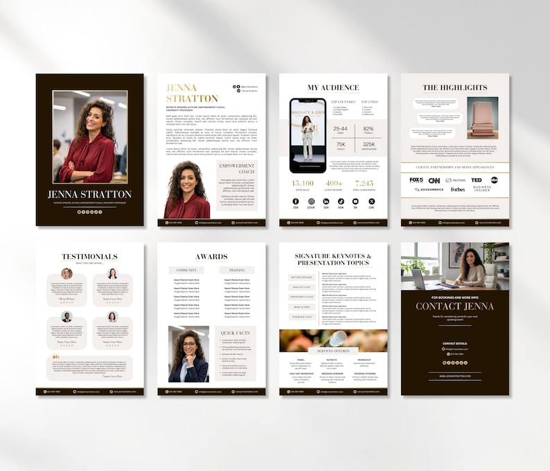 May include: A collection of eight marketing materials with a dark brown and beige color scheme. The materials include text and images of a woman, with the name "Jenna Stratton" prominently displayed. The materials include the text "Empowerment Coach", "My Audience", "The Highlights", "Testimonials", "Awards", and "Signature Keynotes & Presentation Topics".