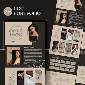 Puede incluir: Un portafolio digital en la pantalla de una computadora portátil y varias páginas, con la imagen de una mujer y texto. El portafolio muestra contenido de video y marcas con las que se ha trabajado, incluyendo Estee Lauder y Elf. El texto incluye "UGC PORTFOLIO" y "CAMILA HAYES."