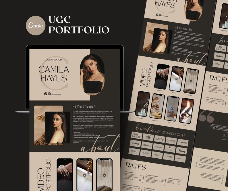 May include: A digital portfolio on a laptop screen and several pages, featuring a woman's image and text. The portfolio showcases video content and brands worked with, including Estee Lauder and Elf. The text includes "UGC PORTFOLIO" and "CAMILA HAYES."