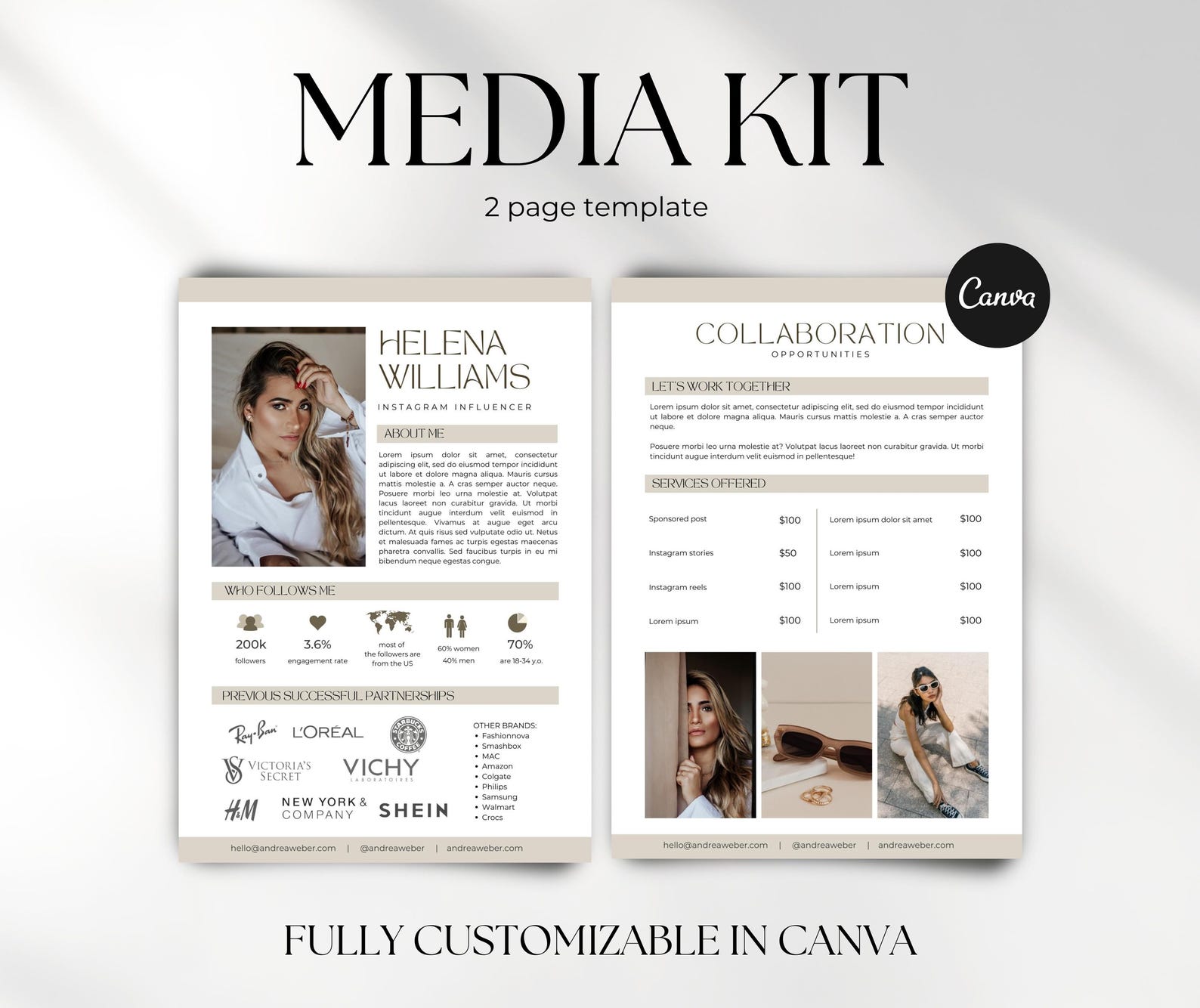 Paged Collection. Design Influencer Media Kit Template for Canva, Modern Aesthetic Media Kit ...