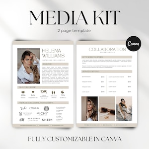 Plantilla de kit de medios para influencers para Canva, plantilla de kit de medios de estética moderna con tarjeta de tarifas, diseño de kit de medios de 2 páginas para creadores de contenido