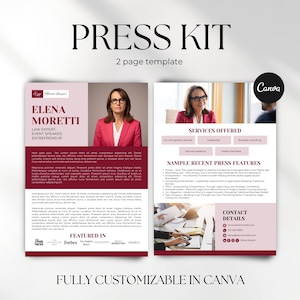 May include: A two-page press kit template with the text "PRESS KIT" and "2 page template". The kit features a photo of a woman and the text "ELENA MORETTI, LAW EXPERT, EVENT SPEAKER, ENTREPRENEUR". The kit is fully customizable in Canva.