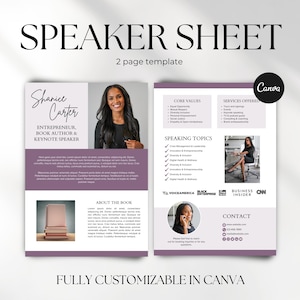 Op de afbeelding: Een sjabloon voor een sprekersblad van twee pagina's in paars en wit. De tekst "Speaker Sheet" en "Fully Customizable in Canva" is inbegrepen. Het bevat een foto van een vrouw en geeft kernwaarden, diensten en spreekonderwerpen weer.