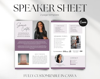 Speaker Media Kit Template, Speaker Sheet Template, Canva Media Kit for Keynote Speakers, Book Authors, Coaches, Entrepreneurs, EPK Canva