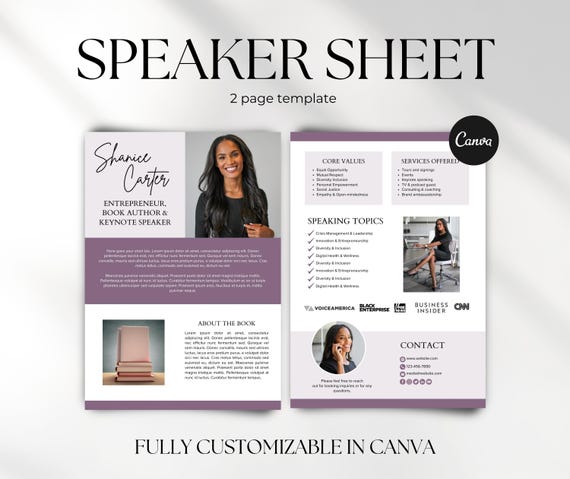 Speaker Media Kit Template, Speaker Sheet Template, Canva Media Kit for Keynote Speakers, Book Authors, Coaches, Entrepreneurs, EPK Canva