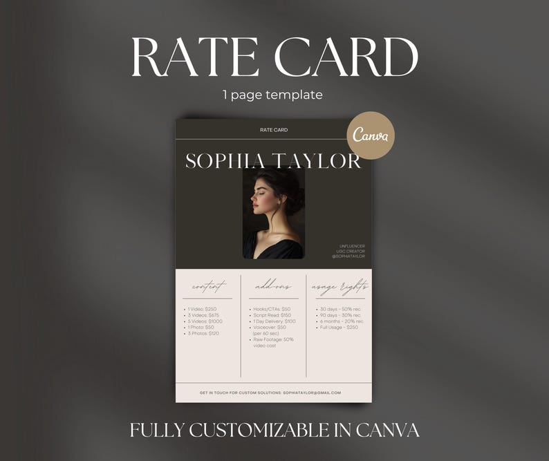 Peut inclure: Un mod&egrave;le de carte de tarifs noir et blanc pour une photographe nomm&eacute;e Sophia Taylor. Le mod&egrave;le comprend les prix pour le contenu, les options suppl&eacute;mentaires et les droits d'utilisation. Le mod&egrave;le est enti&egrave;rement personnalisable dans Canva.