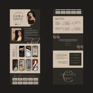 May include: A vertical graphic design layout with a dark background and beige and black sections. The layout includes the name "CAMILA HAYES", a photo, and the words "VIDEO PORTFOLIO". It also features the names of brands.