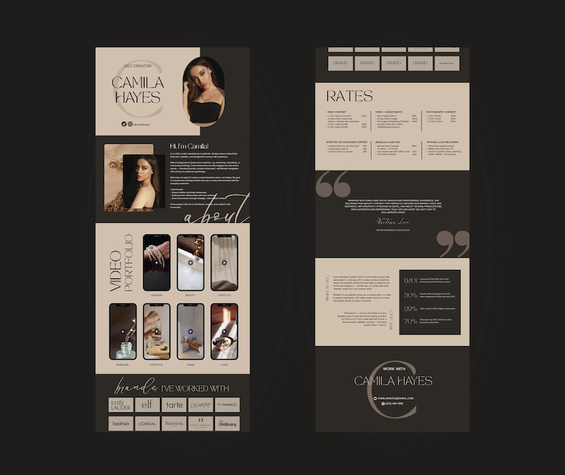 May include: A vertical graphic design layout with a dark background and beige and black sections. The layout includes the name "CAMILA HAYES", a photo, and the words "VIDEO PORTFOLIO". It also features the names of brands.