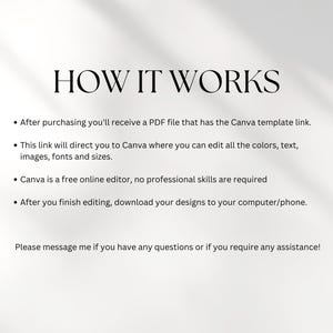 May include: How it works: A white background with black text explaining how to use a Canva template. The text explains that after purchasing, you will receive a PDF file with a link to a Canva template. You can edit the colors, text, images, fonts, and sizes in Canva. Canva is a free online editor, and no professional skills are required. After editing, you can download your designs to your computer or phone. The text also encourages you to message the seller if you have any questions.