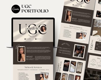 Modèle de site Web Portfolio UGC Canva, kit média de créateur marron neutre, page de destination modifiable du CGU pour débutants, portfolio d'influenceurs
