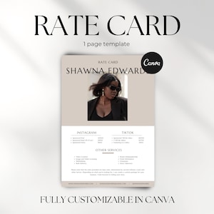 Könnte beinhalten: Eine beige und weiße Preisliste für Social-Media-Influencer. Die Vorlage zeigt ein Porträt einer Frau mit dunklen Haaren und einem schwarzen Blazer. Der Text "RATE CARD" steht oben auf der Seite, gefolgt vom Namen "SHAWNA EDWARD". Die Vorlage enthält Preise für Instagram, TikTok und andere Dienstleistungen.