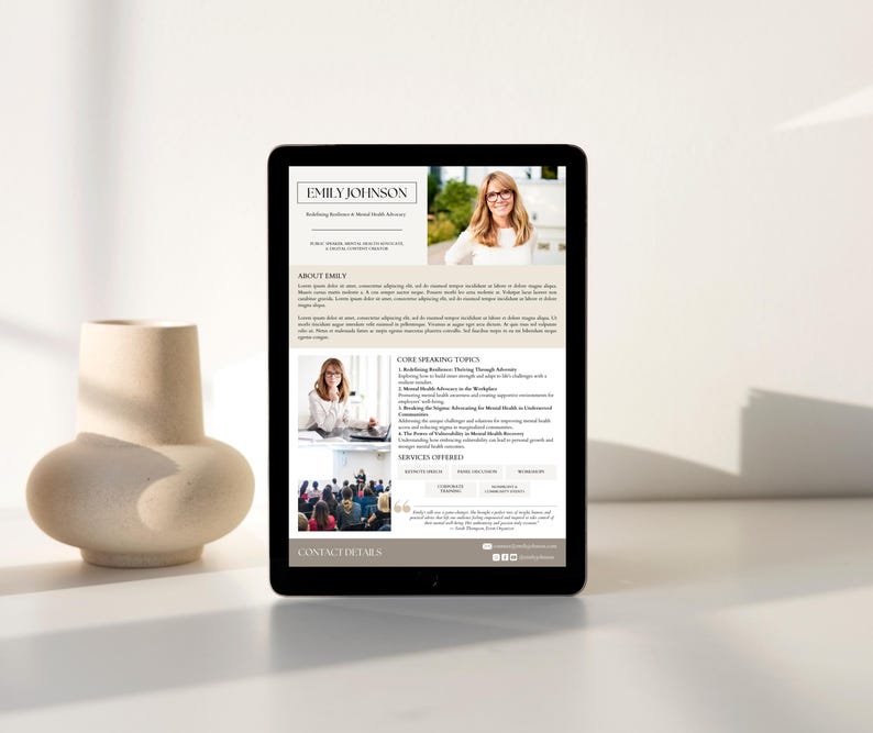 May include: A website screenshot for a mental health advocate and speaker. The website features a headshot of the speaker, Emily Johnson, and a list of her core speaking topics, including "Building Resilience Through Advocacy" and "The Power of Vulnerability in Mental Health Recovery".