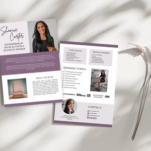 May include: Two-page flyer with a professional design. The flyer features a photo of Shanice Carter, an entrepreneur, book author, and keynote speaker. The flyer includes information about her core values, services, and speaking topics. The flyer is in shades of purple and white.