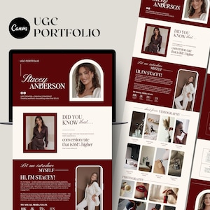 May include: A digital portfolio showcasing UGC content. The design features a maroon and cream color scheme with the name "Stacey Anderson" prominently displayed. The portfolio includes sections on short-form videography and photography, with examples of work.