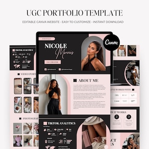 May include: A digital UGC portfolio template for Canva featuring a black and light pink colour scheme. The layout includes sections for a creator profile, TikTok analytics, video portfolio, photography samples, about me text, and brand logos.