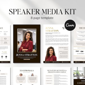 May include: Speaker Media Kit template with an 8-page design. The template features a photo of a woman in a red blouse, along with text that includes the name "Jenna Stratton" and the Canva logo. The design includes sections for audience, awards, and testimonials.
