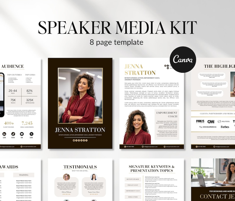 May include: Speaker Media Kit template with an 8-page design. The template features a photo of a woman in a red blouse, along with text that includes the name "Jenna Stratton" and the Canva logo. The design includes sections for audience, awards, and testimonials.