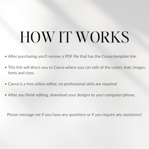 May include: Image with the text "HOW IT WORKS" in a bold, elegant font. Bullet points explain the process: receiving a PDF with a Canva link, editing in Canva, and downloading the design. The text also mentions no professional skills are required.