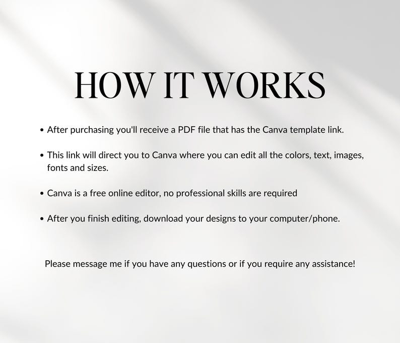 May include: Image with the text "HOW IT WORKS" in a bold, elegant font. Bullet points explain the process: receiving a PDF with a Canva link, editing in Canva, and downloading the design. The text also mentions no professional skills are required.
