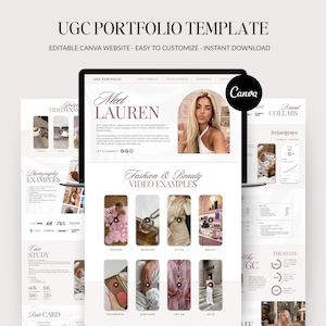 May include: A digital UGC portfolio template for Canva featuring a website layout with a header titled Meet Lauren, sections for fashion and beauty video examples, brand collaborations, and statistics, all displayed in a clean white aesthetic.