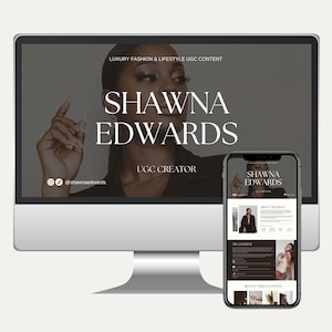 Może przedstawiać: Monitor komputera i smartfon wyświetlające stronę internetową. Monitor wyświetla "SHAWNA EDWARDS" dużym białym tekstem, z napisem "LUXURY FASHION & LIFESTYLE UGC CONTENT" powyżej. Telefon pokazuje podobny układ z zawartością.
