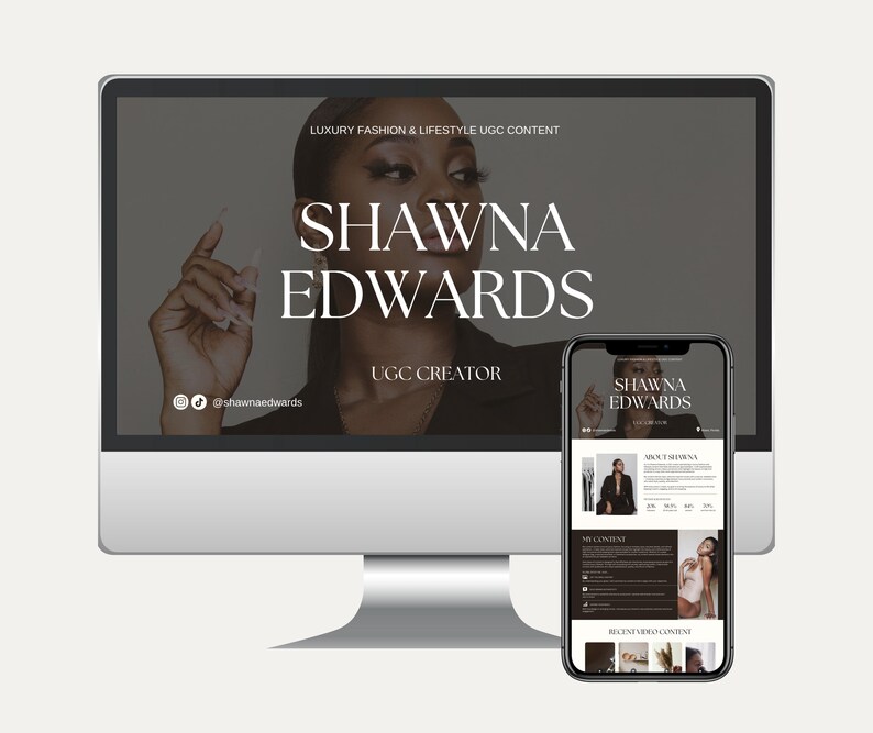 Może przedstawiać: Monitor komputera i smartfon wyświetlające stronę internetową. Monitor wyświetla "SHAWNA EDWARDS" dużym białym tekstem, z napisem "LUXURY FASHION & LIFESTYLE UGC CONTENT" powyżej. Telefon pokazuje podobny układ z zawartością.