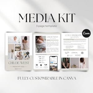 Può includere: Un modello di kit media di tre pagine per influencer dei social media. Il modello è personalizzabile in Canva e presenta una tavolozza di colori neutri con uno sfondo beige. Il modello include un collage di foto, una sezione per i dati demografici e una sezione per le opportunità di collaborazione.